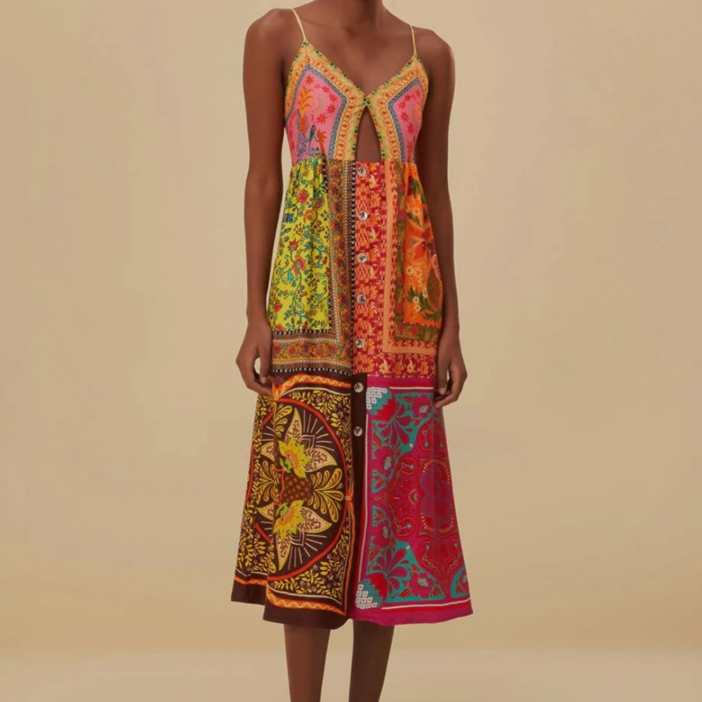 FARM Rio Multicolor Patchwork Midi Dress with Pink, Yellow, Orange and Turquoise